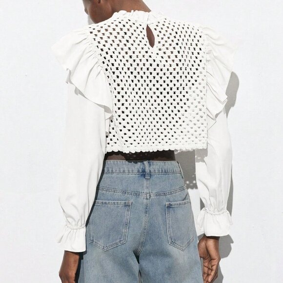 White Casual Women's Apricot Hollow Hook Flower Splicing Ruffles Tops - Picture 6 of 7